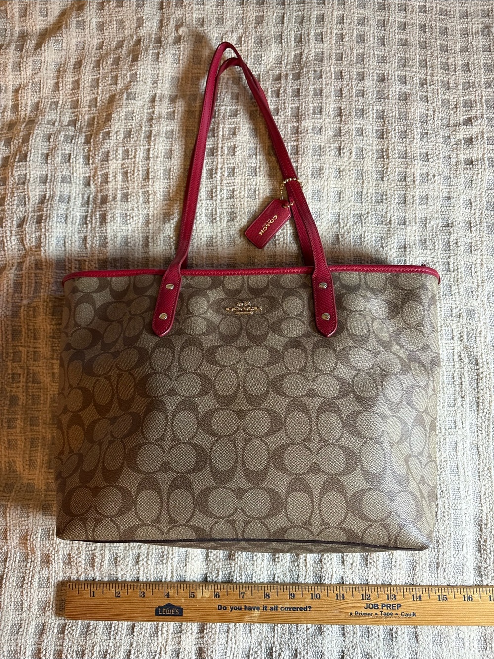 Coach Signature Canvas Tote with Red Leather Trim